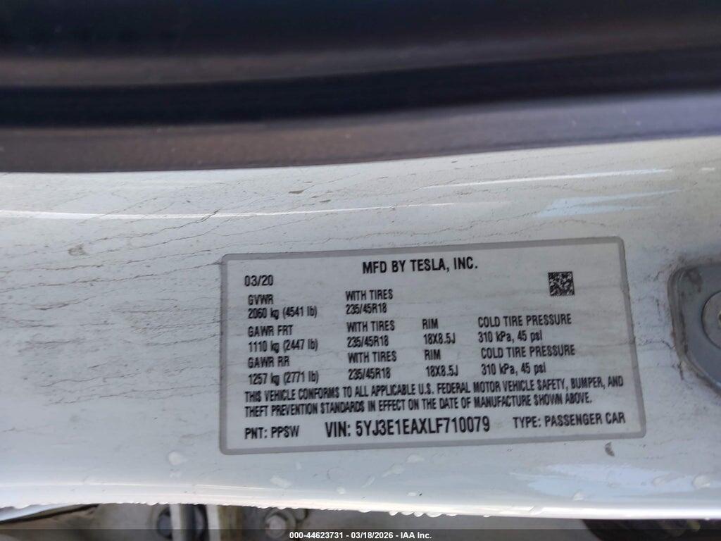 5YJ3E1EAXLF710079 2020 TESLA MODEL 3 photo no. 9