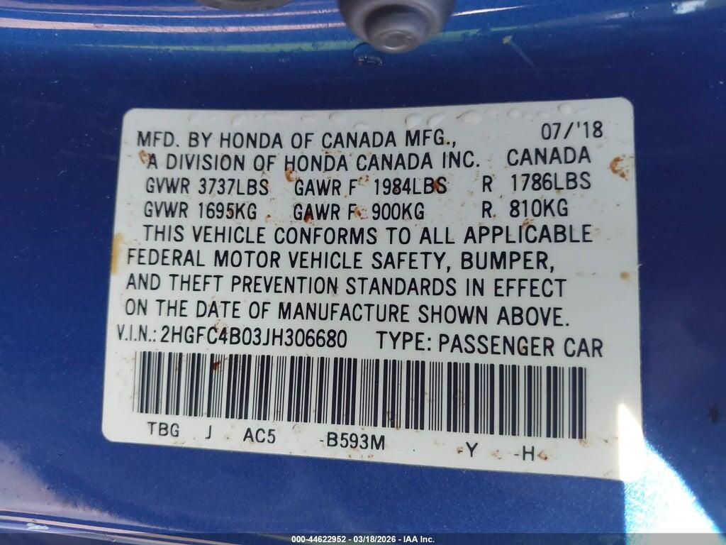 2HGFC4B03JH306680 2018 HONDA CIVIC photo no. 9