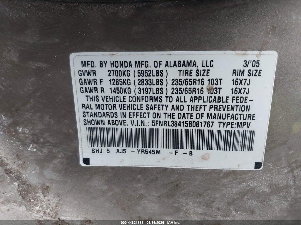 5FNRL38415B081767 2005 HONDA ODYSSEY photo no. 9
