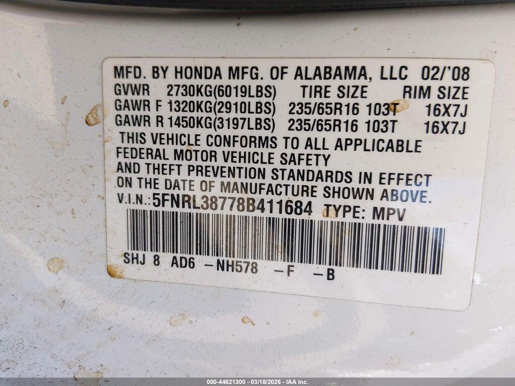 5FNRL38778B411684 2008 HONDA ODYSSEY photo no. 9
