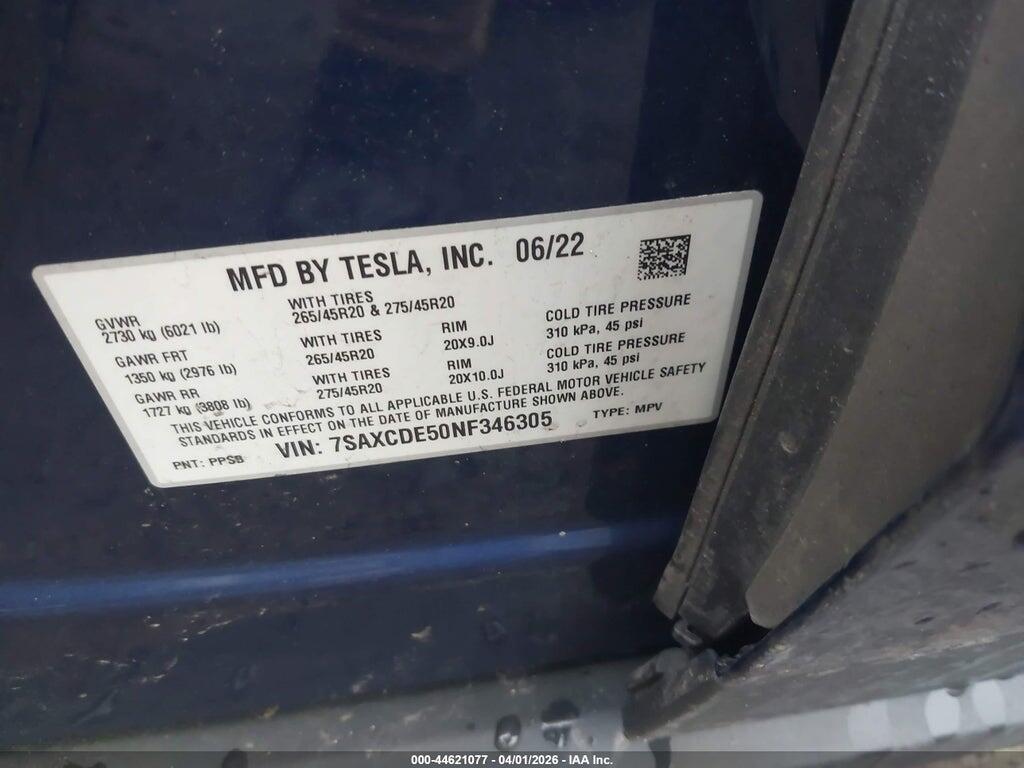 7SAXCDE50NF346305 2022 TESLA MODEL X photo no. 9