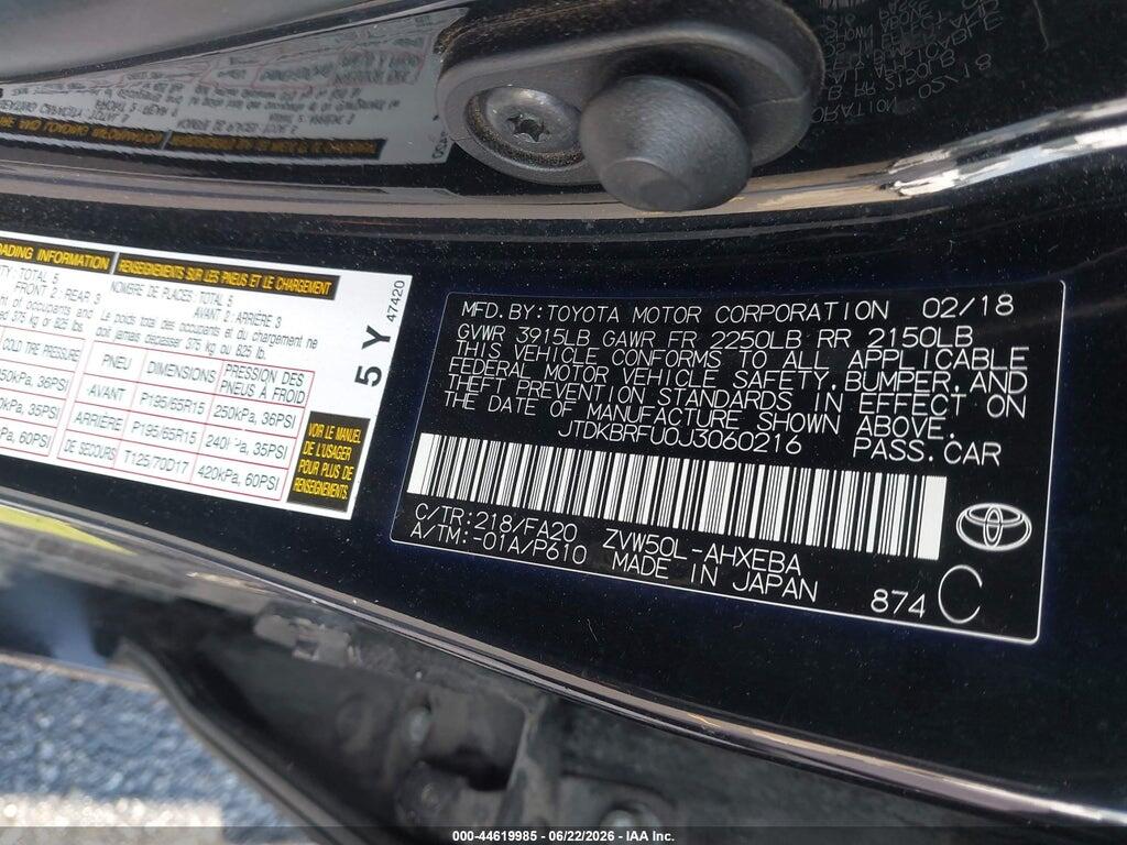 JTDKBRFU0J3060216 2018 TOYOTA PRIUS photo no. 9