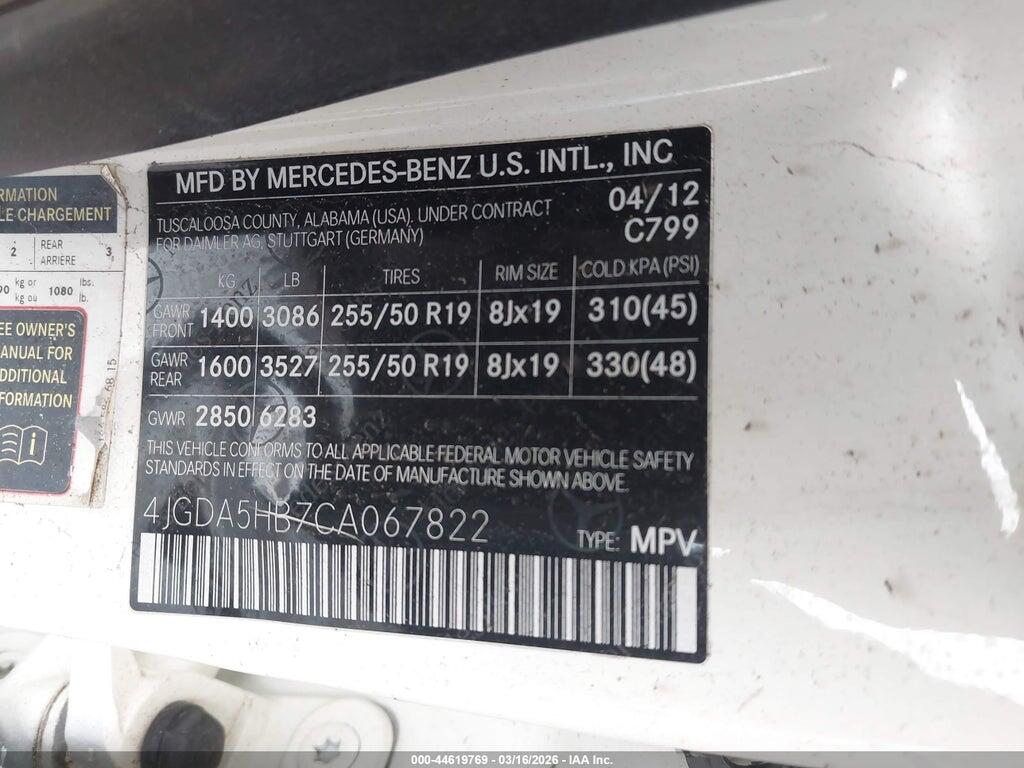 4JGDA5HB7CA067822 2012 MERCEDES-BENZ ML 350 photo no. 9