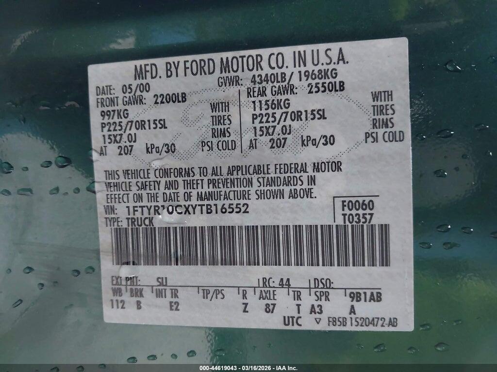 1FTYR10CXYTB16552 2000 FORD RANGER photo no. 9