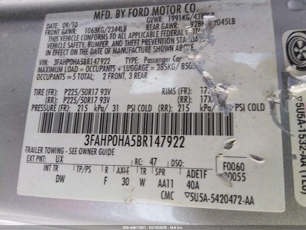 3FAHP0HA5BR147922 2011 FORD FUSION photo no. 9