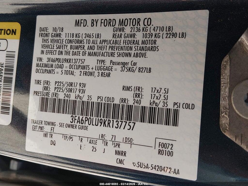 3FA6P0LU9KR137757 2019 FORD FUSION HYBRID photo no. 9