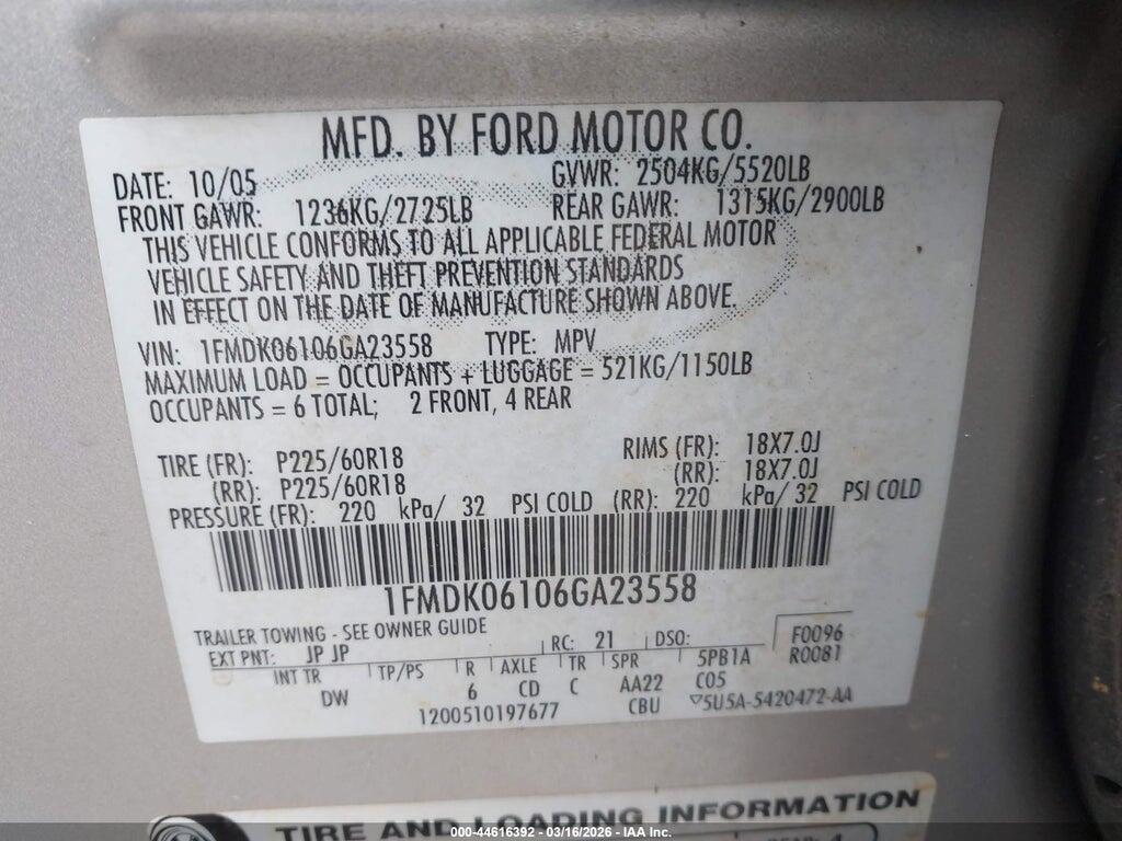 1FMDK06106GA23558 2006 FORD FREESTYLE photo no. 9
