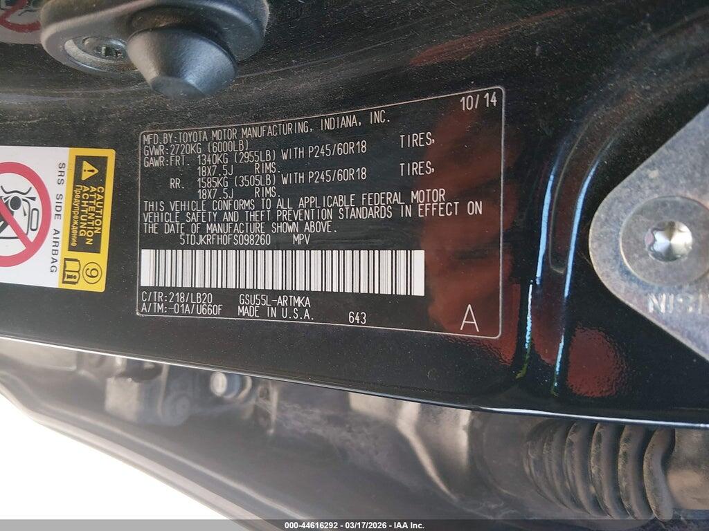 5TDJKRFH0FS098260 2015 TOYOTA HIGHLANDER photo no. 9