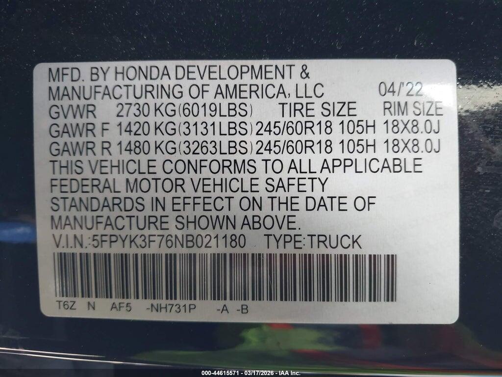 5FPYK3F76NB021180 2022 HONDA RIDGELINE photo no. 9
