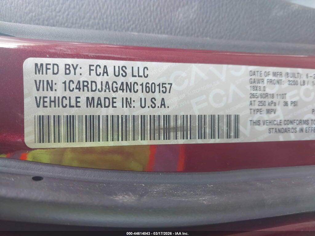 1C4RDJAG4NC160157 2022 DODGE DURANGO photo no. 9