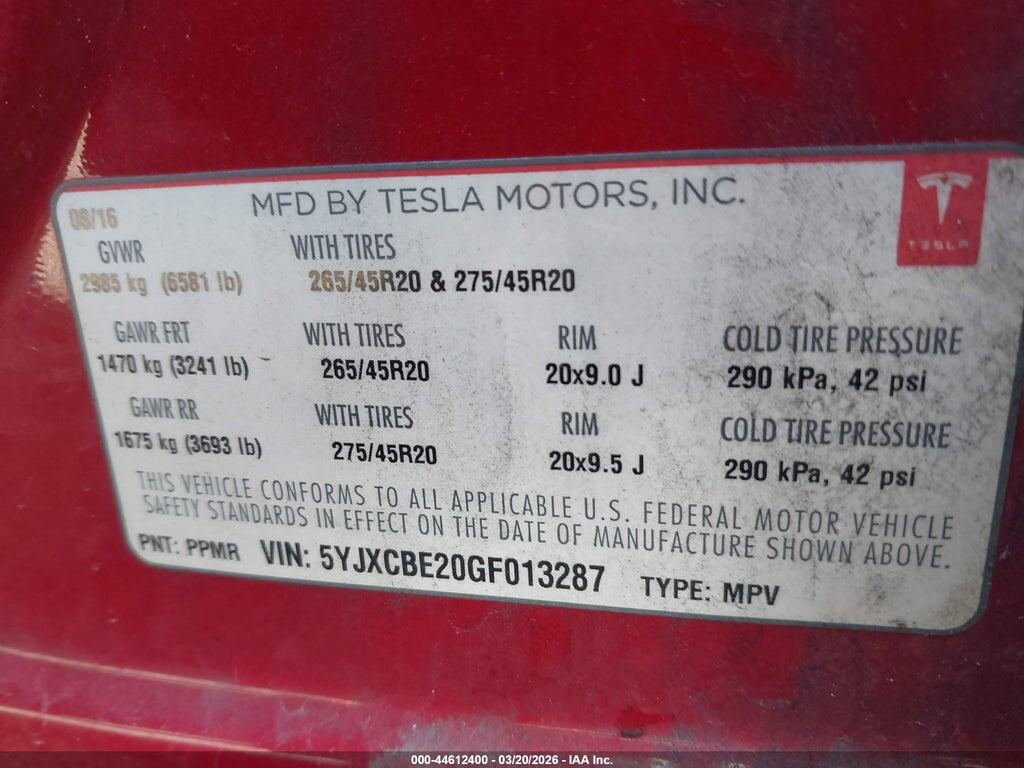 5YJXCBE20GF013287 2016 TESLA MODEL X photo no. 9