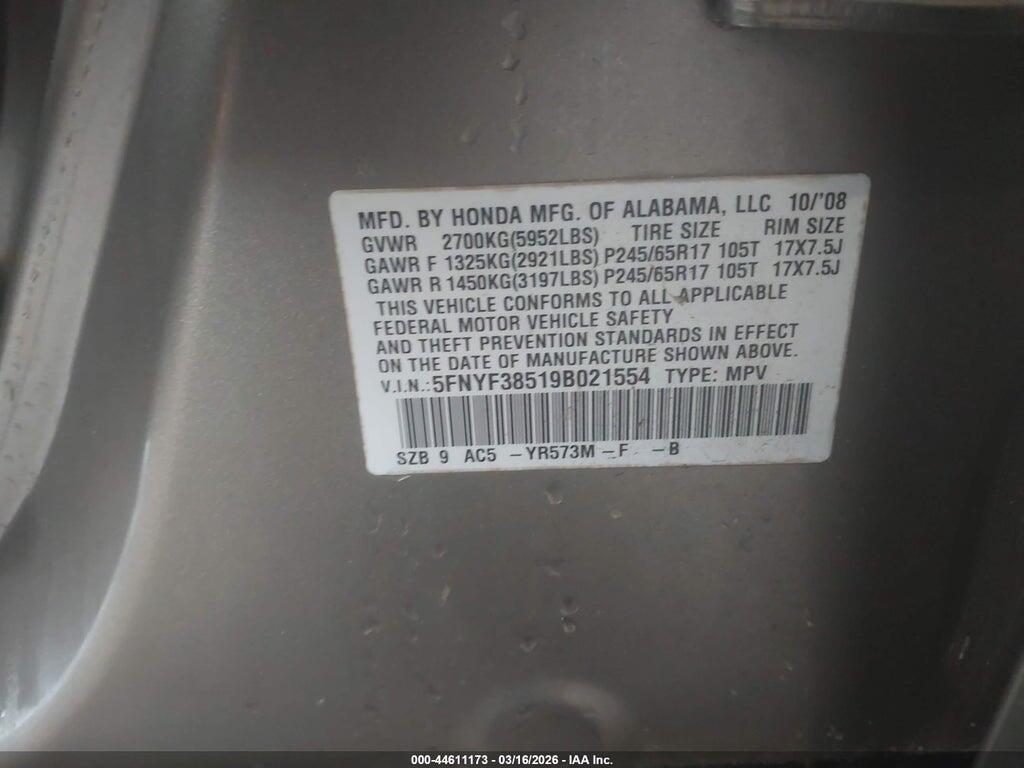 5FNYF38519B021554 2009 HONDA PILOT photo no. 9