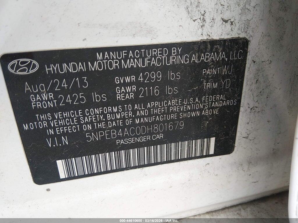 5NPEB4AC0DH801679 2013 HYUNDAI SONATA photo no. 9
