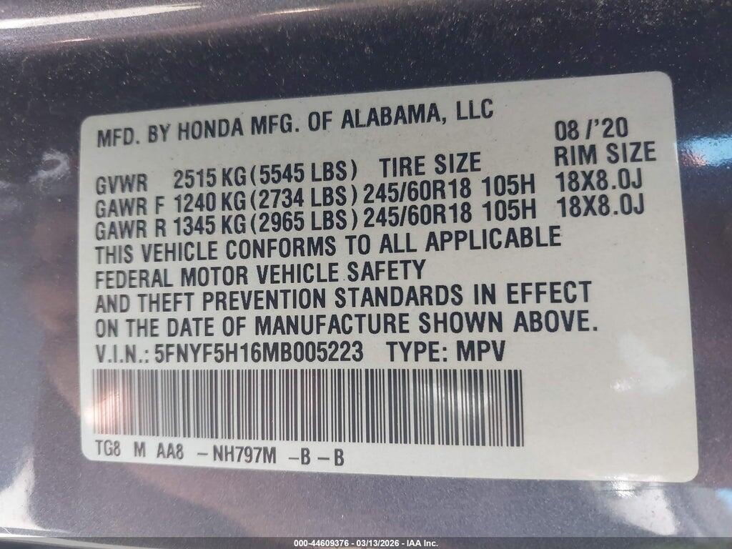 5FNYF5H16MB005223 2021 HONDA PILOT photo no. 9