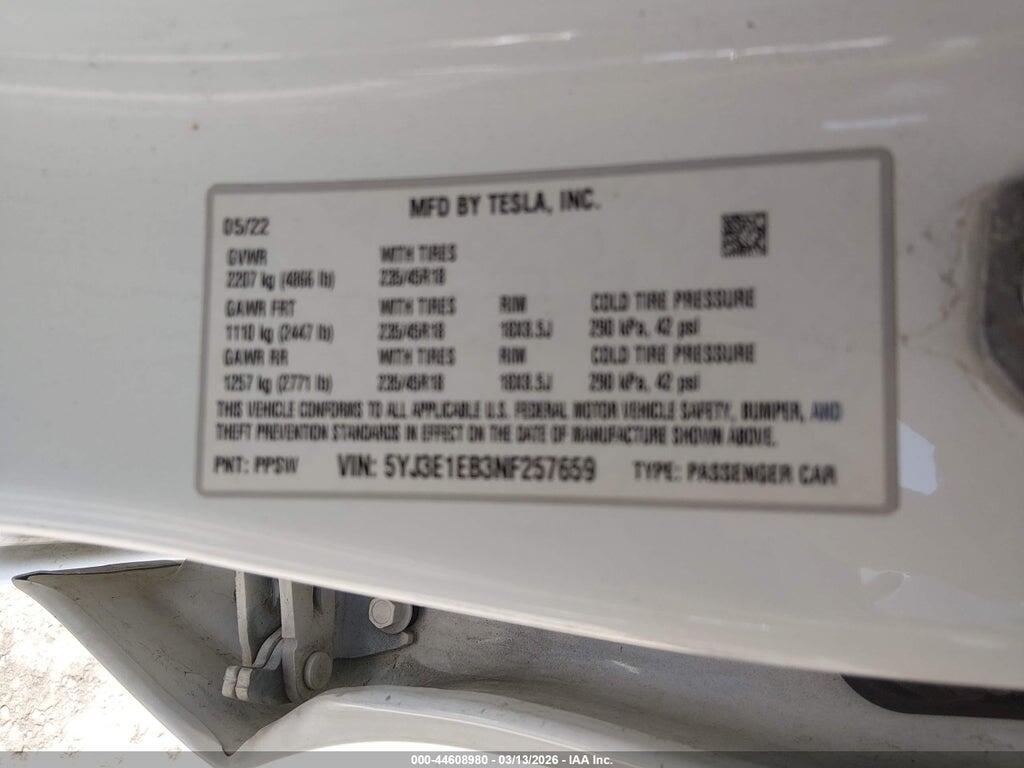 5YJ3E1EB3NF257659 2022 TESLA MODEL 3 photo no. 9