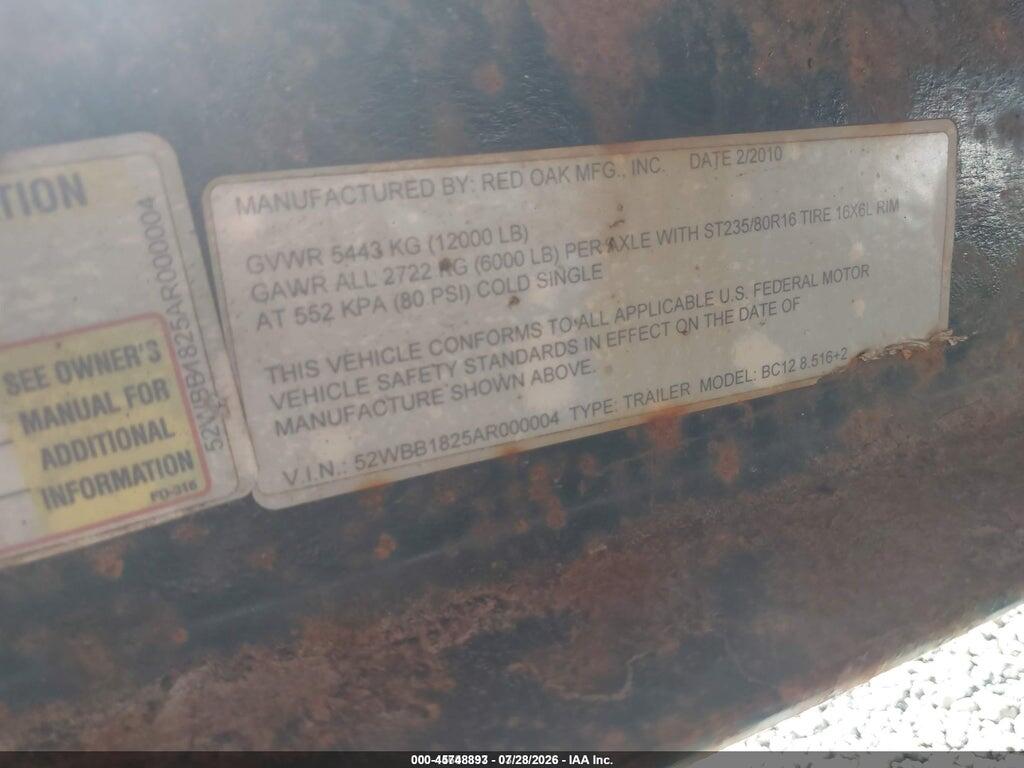 52WBB1825AR000004 2010 RED OAK 18' EQUIPMENT TRAILER photo no. 9