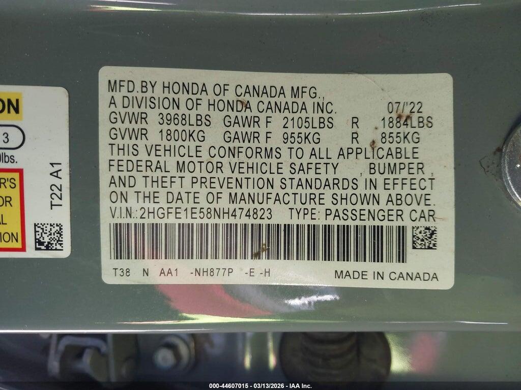 2HGFE1E58NH474823 2022 HONDA CIVIC SI photo no. 9