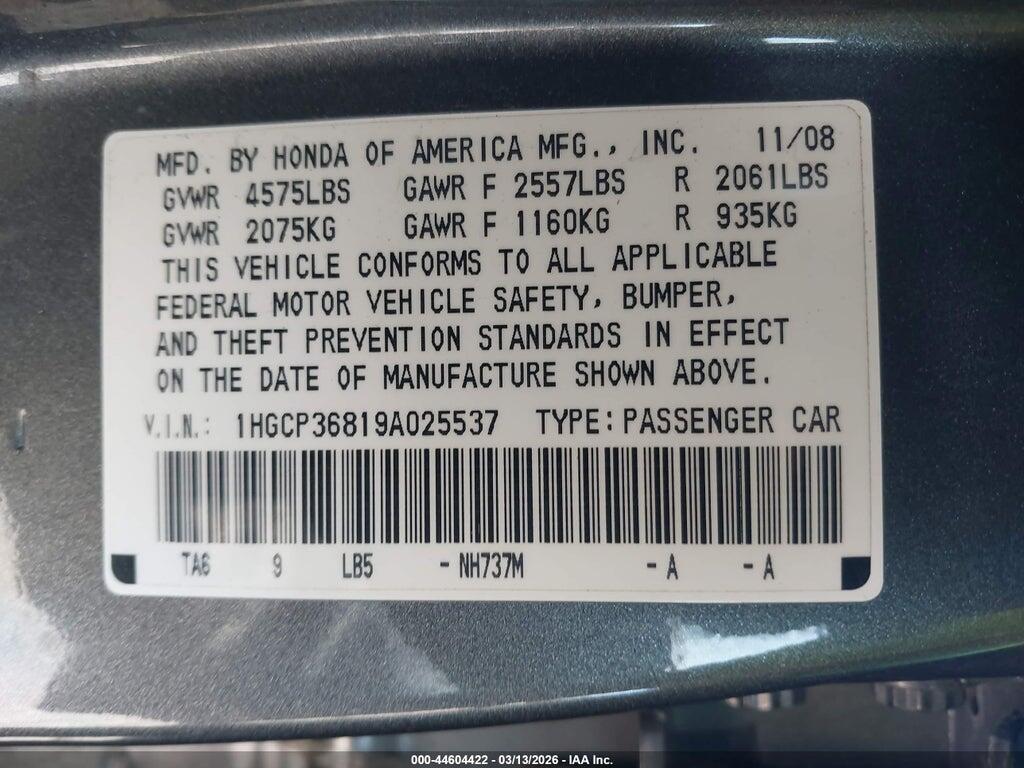 1HGCP36819A025537 2009 HONDA ACCORD photo no. 9