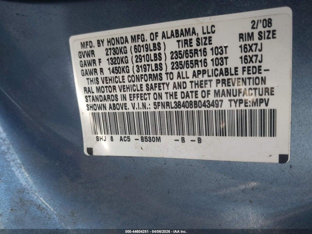 5FNRL38408B043497 2008 HONDA ODYSSEY photo no. 9
