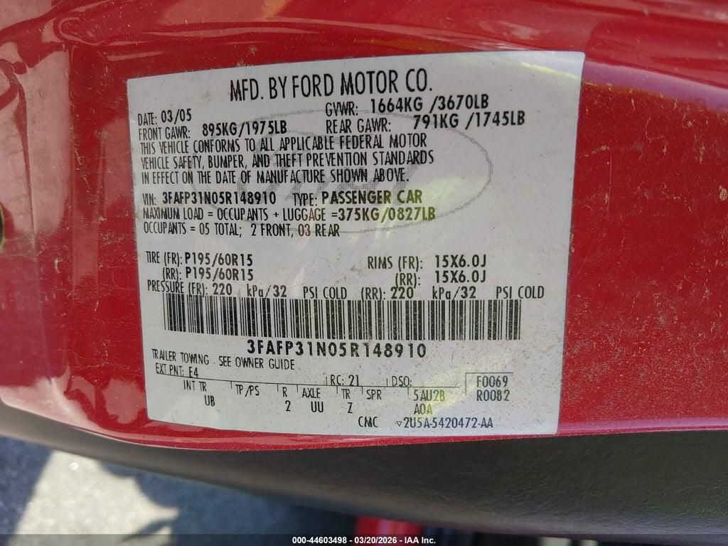 3FAFP31N05R148910 2005 FORD FOCUS photo no. 9