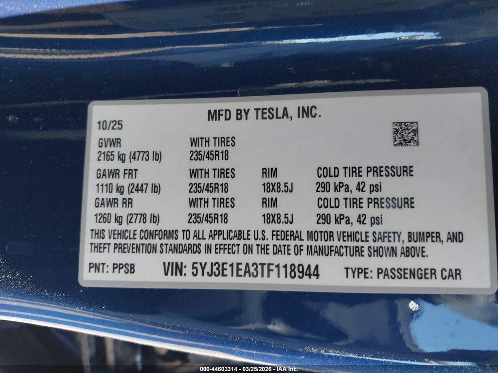 5YJ3E1EA3TF118944 2026 TESLA MODEL 3 photo no. 9