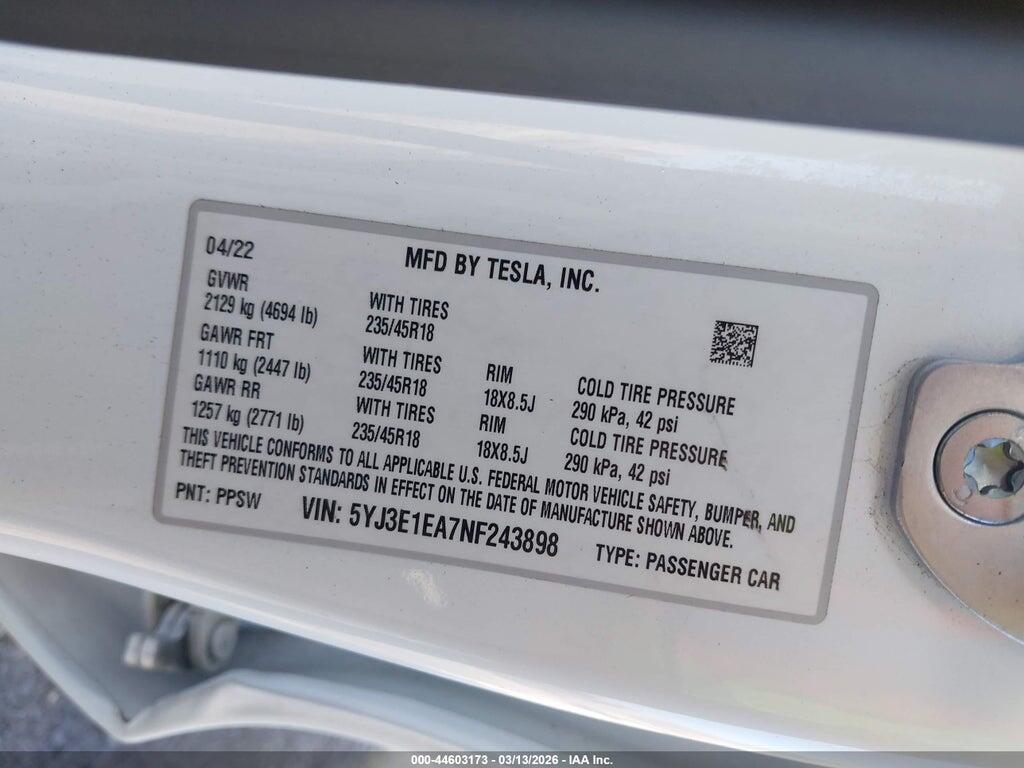 5YJ3E1EA7NF243898 2022 TESLA MODEL 3 photo no. 9