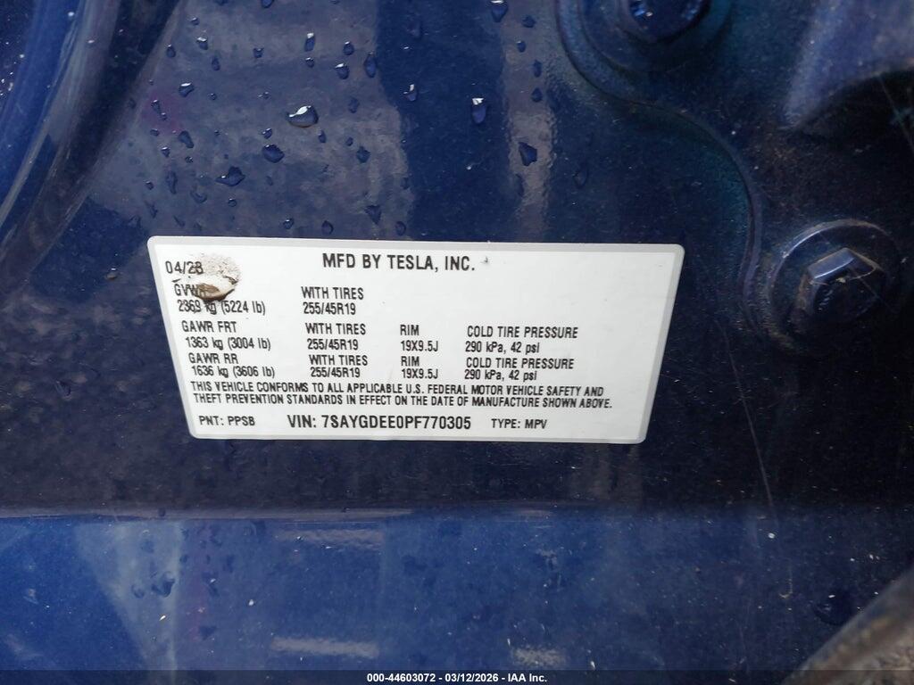 7SAYGDEE0PF770305 2023 TESLA MODEL Y photo no. 9