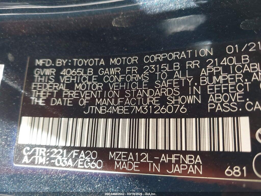 JTNB4MBE7M3126076 2021 TOYOTA COROLLA photo no. 9