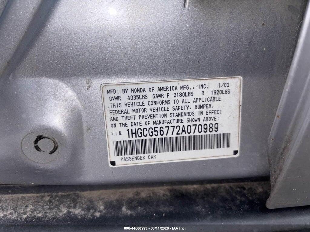 1HGCG56772A070989 2002 HONDA ACCORD photo no. 9
