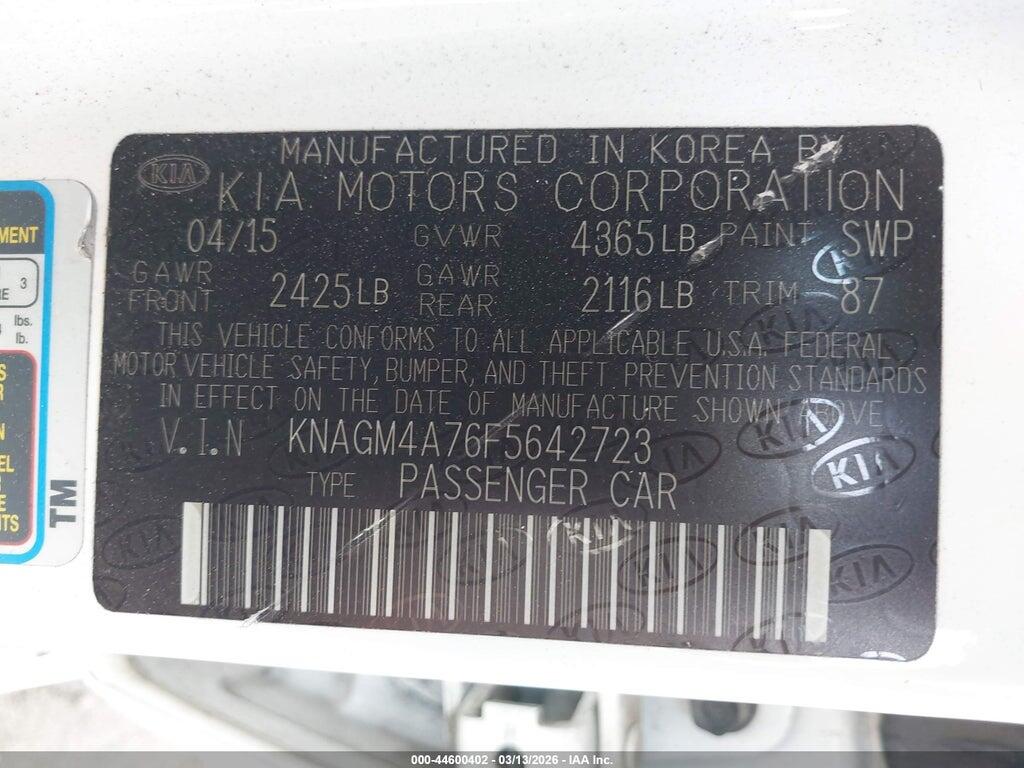KNAGM4A76F5642723 2015 KIA OPTIMA photo no. 9