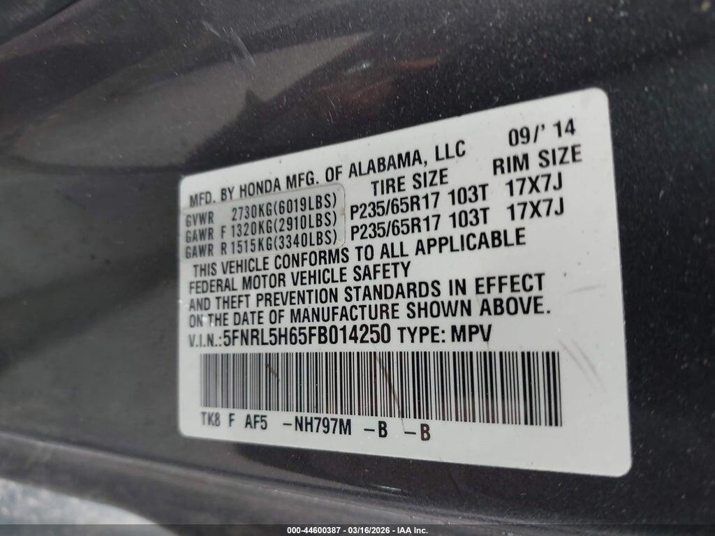 5FNRL5H65FB014250 2015 HONDA ODYSSEY photo no. 9