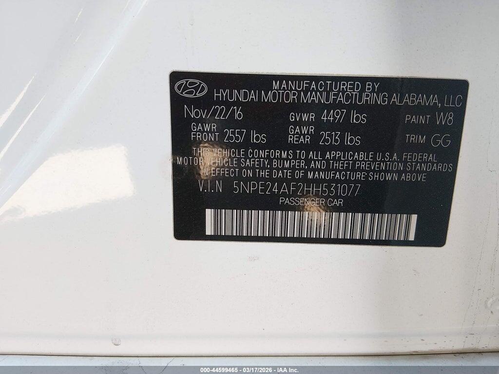 5NPE24AF2HH531077 2017 HYUNDAI SONATA photo no. 9