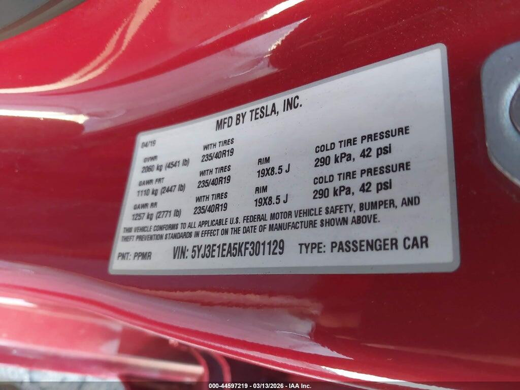 5YJ3E1EA5KF301129 2019 TESLA MODEL 3 photo no. 9