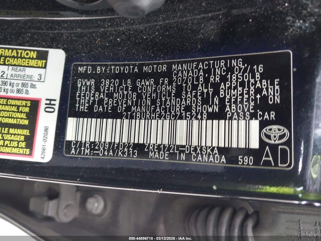 2T1BURHE2GC715248 2016 TOYOTA COROLLA photo no. 9