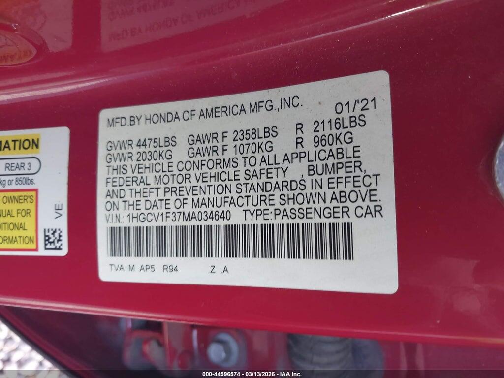 1HGCV1F37MA034640 2021 HONDA ACCORD photo no. 9