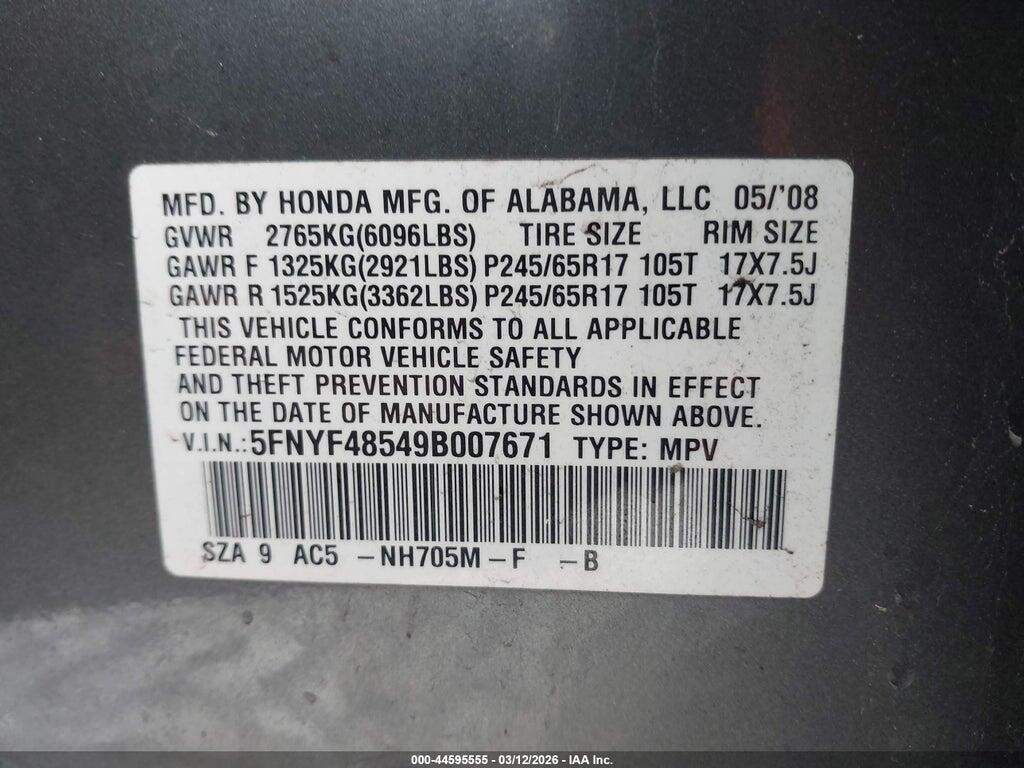 5FNYF48549B007671 2009 HONDA PILOT photo no. 9