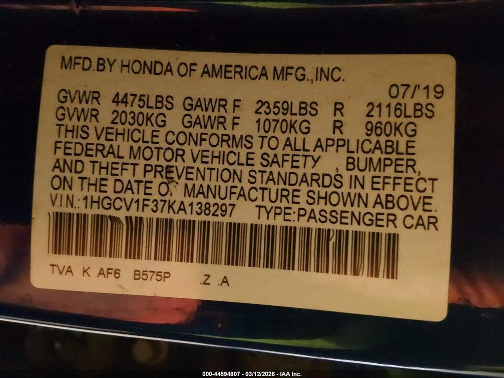 1HGCV1F37KA138297 2019 HONDA ACCORD photo no. 9