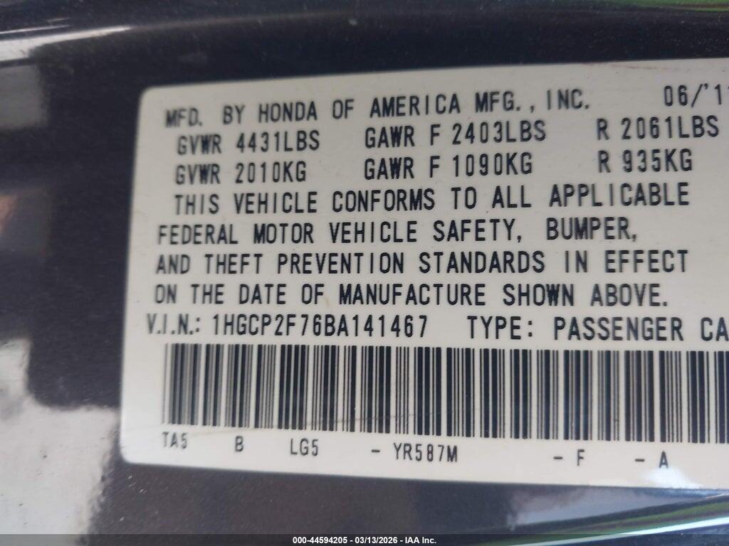 1HGCP2F76BA141467 2011 HONDA ACCORD photo no. 9