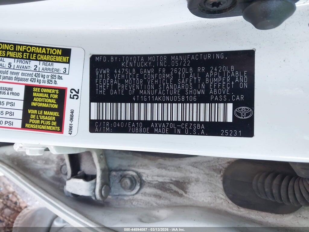 4T1G11AK0NU058106 2022 TOYOTA CAMRY photo no. 9