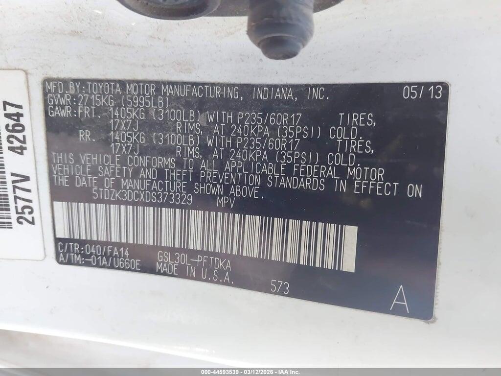 5TDZK3DCXDS373329 2013 TOYOTA SIENNA photo no. 9