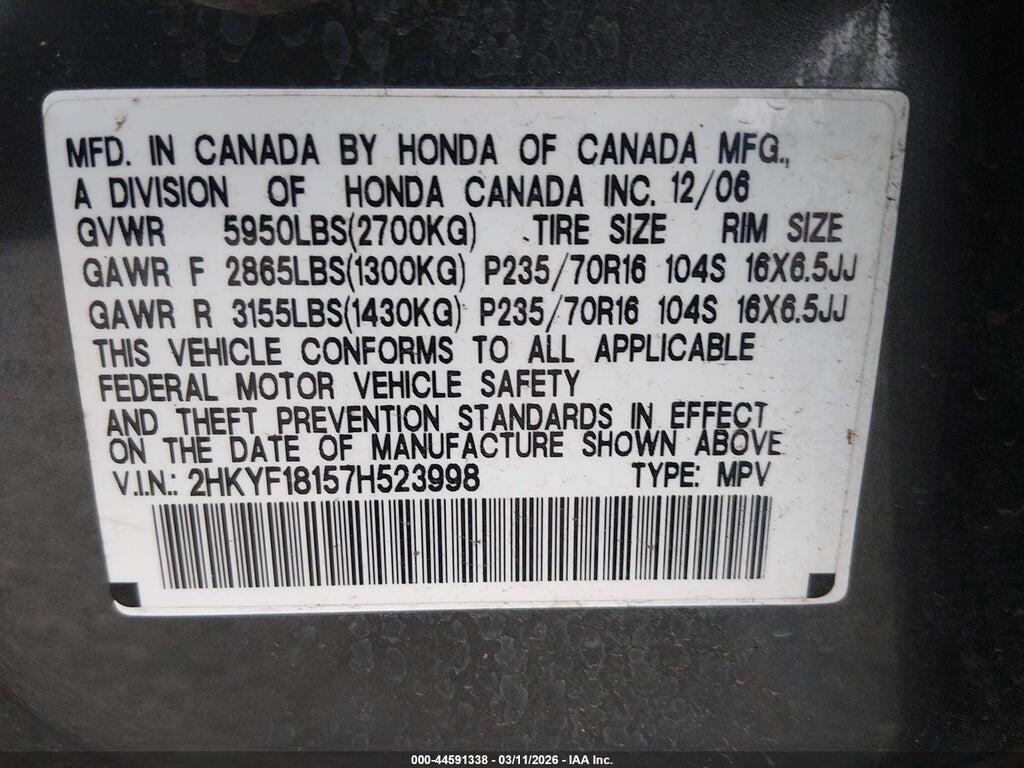2HKYF18157H523998 2007 HONDA PILOT photo no. 9
