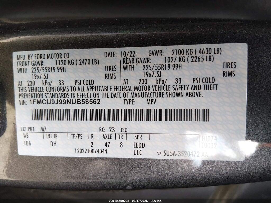 1FMCU9J99NUB58562 2022 FORD ESCAPE photo no. 9