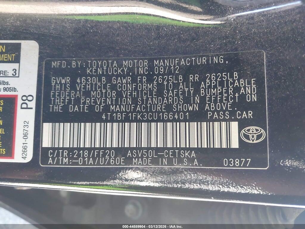 4T1BF1FK3CU166401 2012 TOYOTA CAMRY photo no. 9