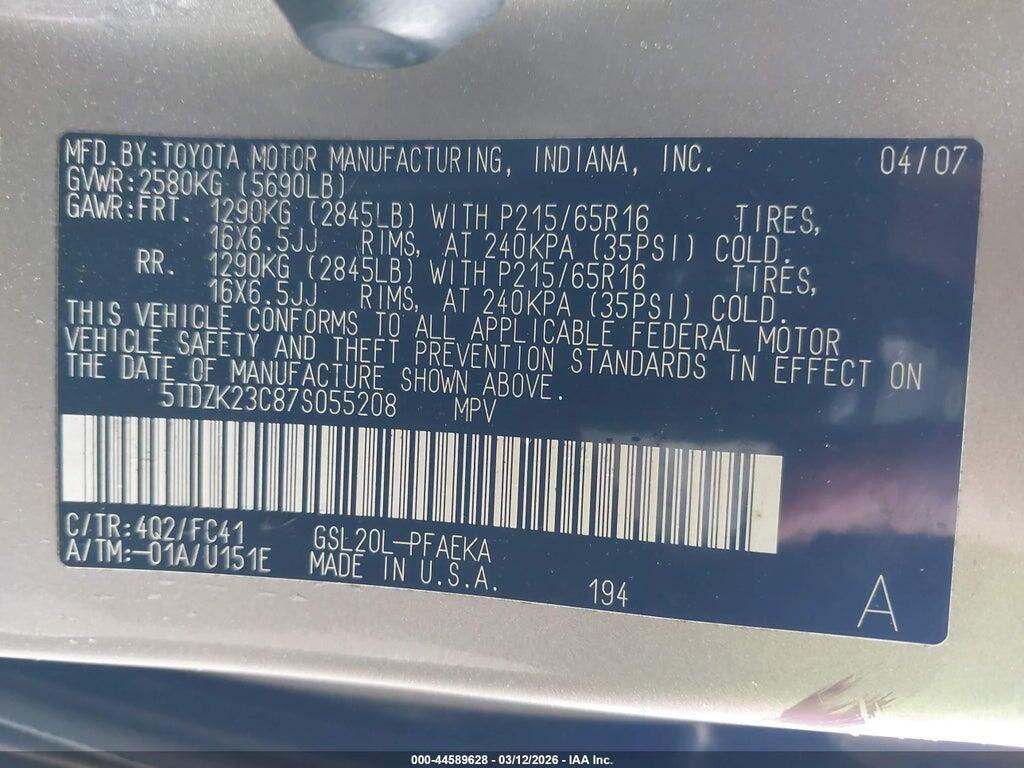 5TDZK23C87S055208 2007 TOYOTA SIENNA photo no. 9