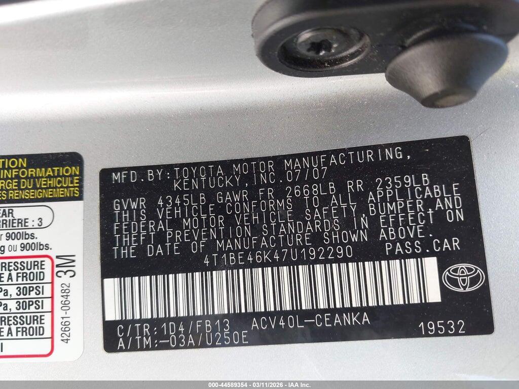 4T1BE46K47U192290 2007 TOYOTA CAMRY photo no. 9