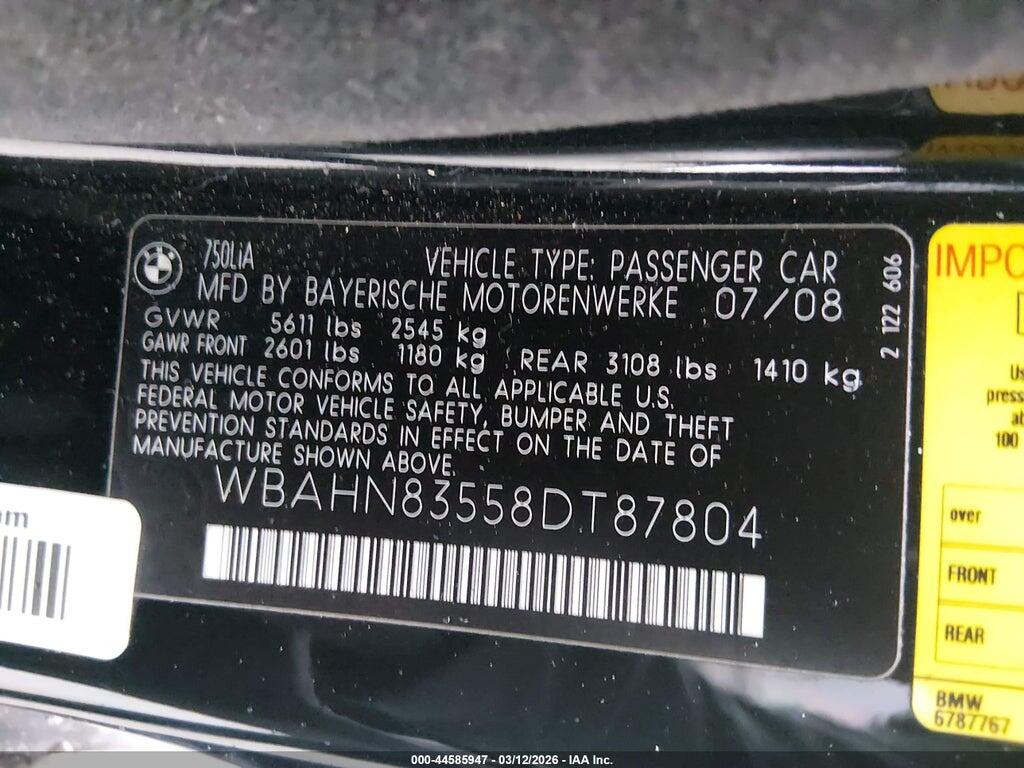 WBAHN83558DT87804 2008 BMW 750LI photo no. 9