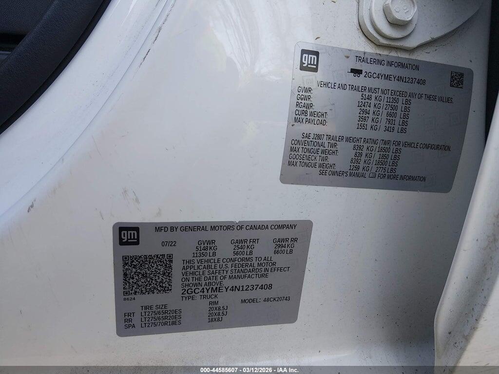 2GC4YMEY4N1237408 2022 CHEVROLET SILVERADO 2500HD photo no. 9