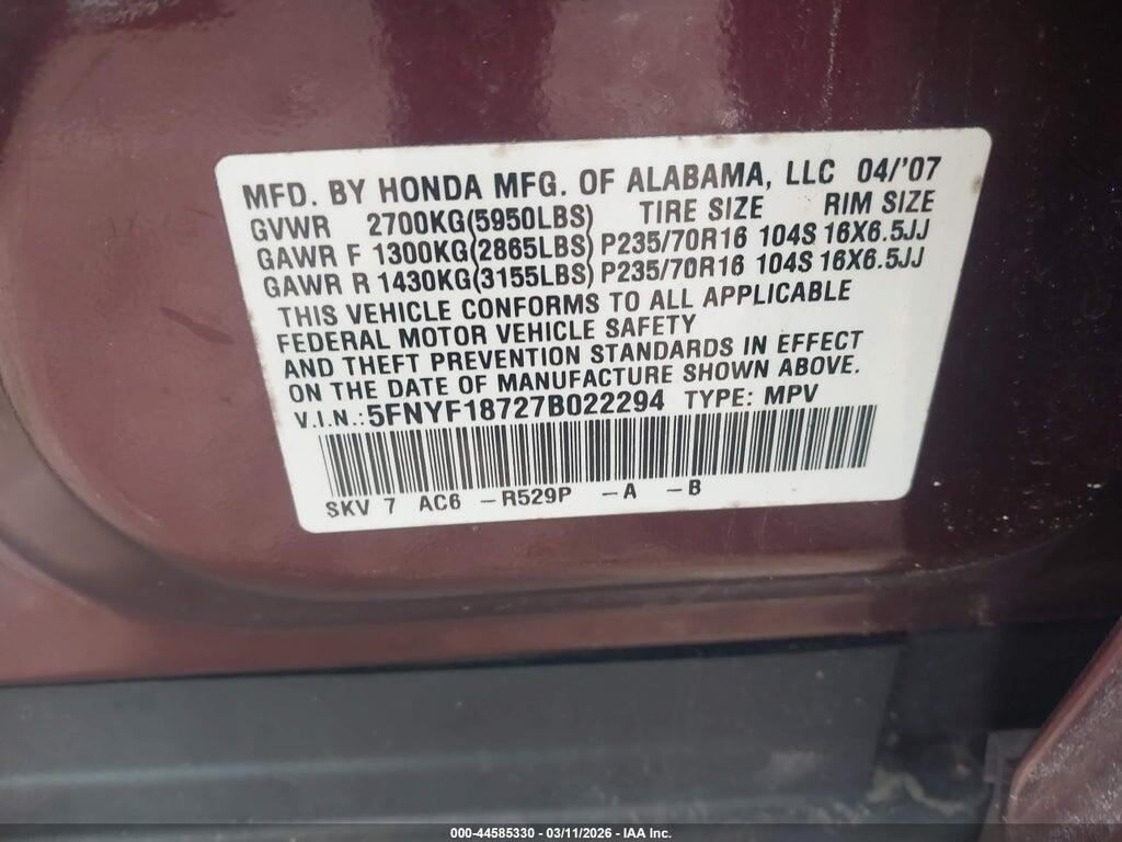 5FNYF18727B022294 2007 HONDA PILOT photo no. 9