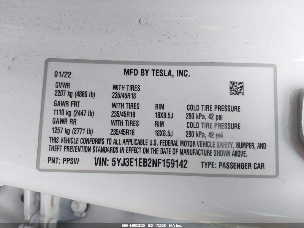 5YJ3E1EB2NF159142 2022 TESLA MODEL 3 photo no. 9