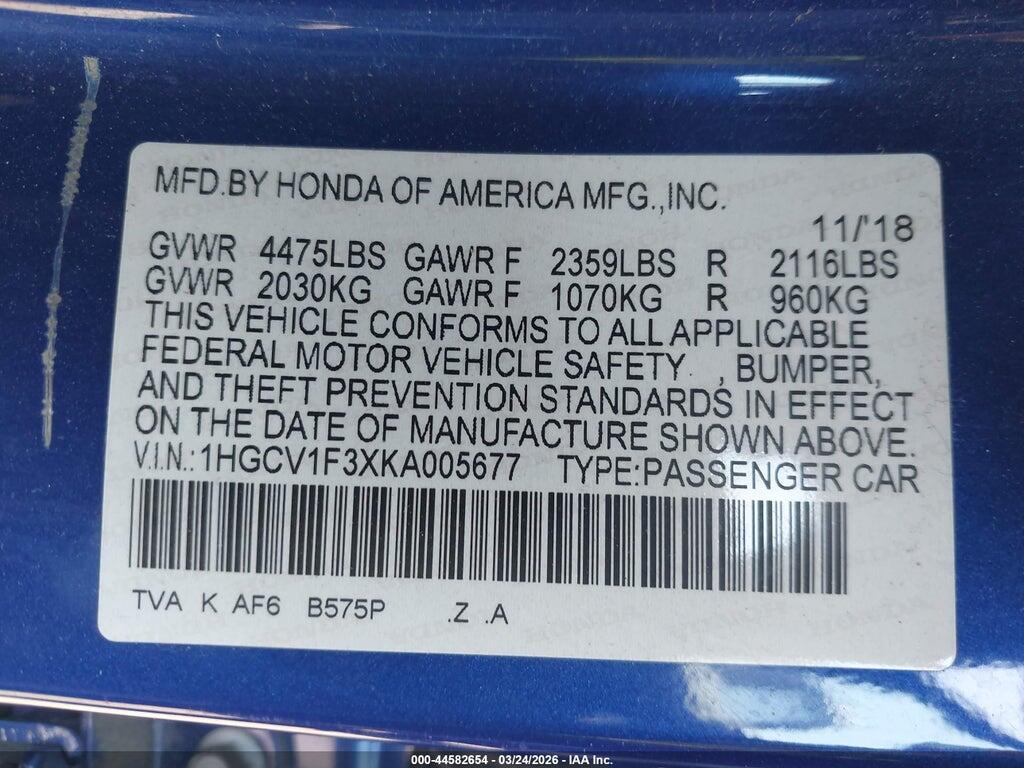 1HGCV1F3XKA005677 2019 HONDA ACCORD photo no. 9